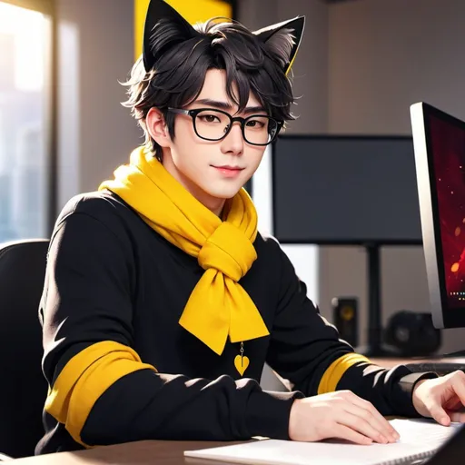 Prompt: JoCat as an anime protagonist, 1man, long black sweater, square glasses, yellow scarf, cat ears and tail, red pants, yellow bowtie headpiece, trending on artstation, at gamer desk