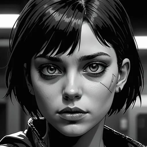 Prompt: a black and white drawing of a girl, scar above eyes, in the style of cyberpunk, heavy use of palette knives, dino valls, blink-and-you-miss-it detail, chris samnee, animated gifs, brooding mood --ar 62:121 --stylize 750 --v 6