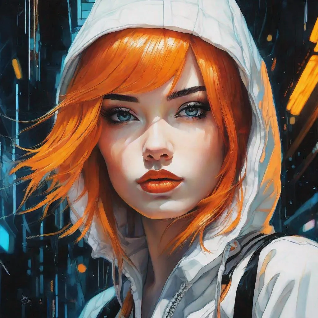 Prompt: a close up of a person with orange hair, white shirt and orange splenders, cyberpunk art, inspired by Harumi Hironaka, black canary, piercing glowing eyes, Lucy Lui as Leeloo, image comics

