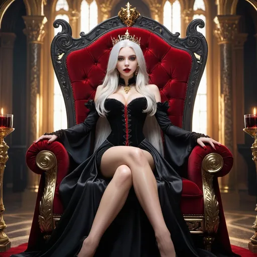 Prompt: 1girl, vampire queen, petite, white hair, long hair,  sitting on a golden throne, black royal dress, black royal miniskirt, thighs, crossed legs (2 legs), from below, air of superiority, throne room, black tiara, nail polish, red fingernails, pale skin, bloody, red wine glass, bats, Shadows, insanely detailed and intricate, intricate detailed, ultra detailed <lora:add-detail-xl:1> , saving prompt