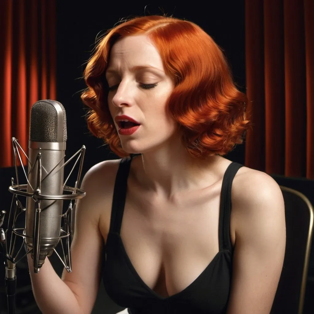 Prompt:  A woman with red hair in the style of Tamara de Lempicka in a recording studio singing into micstand