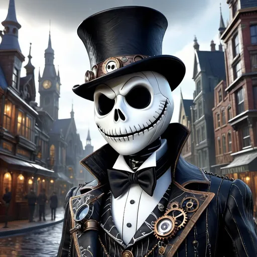 Prompt: Detailed portrait of a steampunk Jack Skellington by Iain McCaig :: detailed steampunk coat :: Detailed cityscape in steampunk style on the background :: hyperdetailed, maximalist intricately detailed, 8k resolution concept art, detailed matte painting, hyperdetailed, Splash art, trending on Artstation, Unreal Engine, Octane Render
