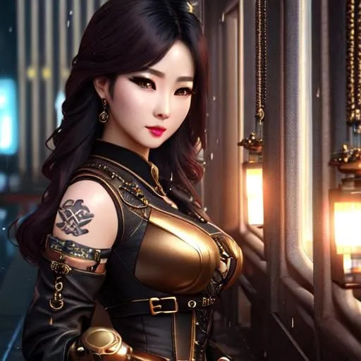 Prompt: (close up), a beautiful steampunk Korean woman, kpop, idol, (tattoo), (wearing a bronze top), (wearing baggy pants), (wearing Stiletto Boots), dark and rainy night, cinematic lighting, Hyperrealism, ultra highres, photorealistic, 8k, photography