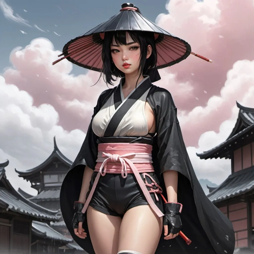 Prompt: score_9, score_8_up, score_7_up,   Samurai hat,Black hair,bandages wrapped around the chest, black cloak,Fingerless gloves,Black shorts,Bandages on arms ,belts, rain,village,clouds, 1girl, delicate and smooth skin, blush, perfect body, thighs, highly detailed, glossy lips,    <lora:Concept Art DarkSide Style LoRA_Pony XL v6:0.8> concept art,    <lora:GwentStyle_v2:0.6> gwentstyle  <lora:Expressive_H-000001:0.8> expressiveh