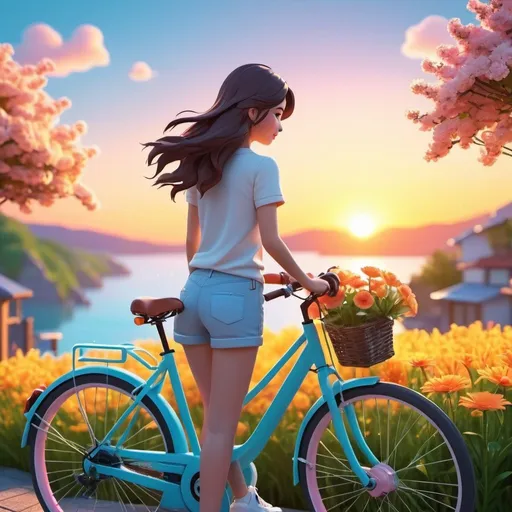 Prompt: (a cute girl with bicycle with flower with a sunset background back view),t shirt design, in the style of Studio Ghibli, smiling,charming,pastel tetradic colours, 3D vector art, cute and quirky, fantasy art, watercolor effect, bokeh, Adobe Illustrator, hand-drawn, digital painting, low-poly, soft lighting, bird's-eye view, isometric style, retro aesthetic, focused on the character, 4K resolution, photorealistic rendering, using Cinema 4D