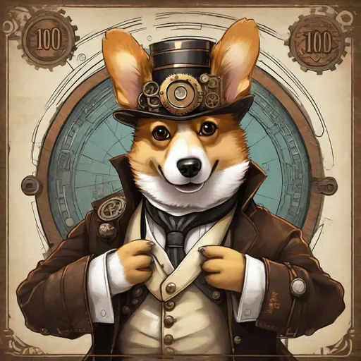 Prompt: steampunk corgi holding a wooden sign with fancy text, <"100">