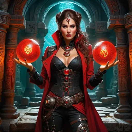Prompt: ((fantasy painting)), ((3-point lighting)), ((lime light)), steampunk beautiful female tech sorcessor, in a striking red and black outfit, holding a pair of glowing chrome orbs, standing in a mysterious ancient ruin, surrounded by intricate carvings and strange symbols, on eye level, scenic, masterpiece.