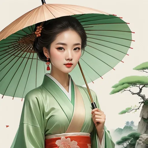 Prompt: an illustration of a woman with a hat and umbrella in chinese traditional dress, in the style of soft and dreamy depictions, 32k uhd, mori kei, narrative diptychs, fawncore, romantic ruins, light green and light brown --ar 75:98 --stylize 750 --v 6