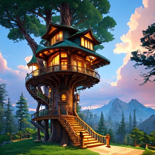 Prompt: steampunk treehouse in a bronze gigantic sequoia, lanterns, stairs, high in the sky, sunset, clouds, high above other trees, Azulejo, ultrarealistic, world masterpiece, rule of thirds, hyperrealistic, super detailed, HDR, 8k, high quality, trending on artstation, pixv, by Makoto Shinkai, by Hyung-tae Kim, by larry elmore, unreal engine 5 