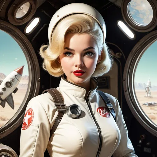 Prompt: score_9, score_8_up, score_7_up, score_6_up,
rating_questionable, 1girl, solo, blonde, 60's hairdo, glamour makeup, on a rocketship, vintage, retro pinup artstyle, retro, 1960s style, fallout, wearing white space suit, black boots and gloves, holding nuka cola, prompt saving
