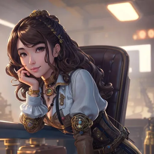 Prompt: steampunk Pokimane with wavy brown hair, mechanical accessories, smirk, symmetrical, perfect composition, hyperrealistic, super detailed, 8k, high quality, Splash art, front, epic Instagram, artstation, hyperdetailed intricately detailed, unreal engine, intricate detail, splash screen, complementary colors, concept art, 8k, heavy strokes, splash arts, full height, full body focus, dim lighting