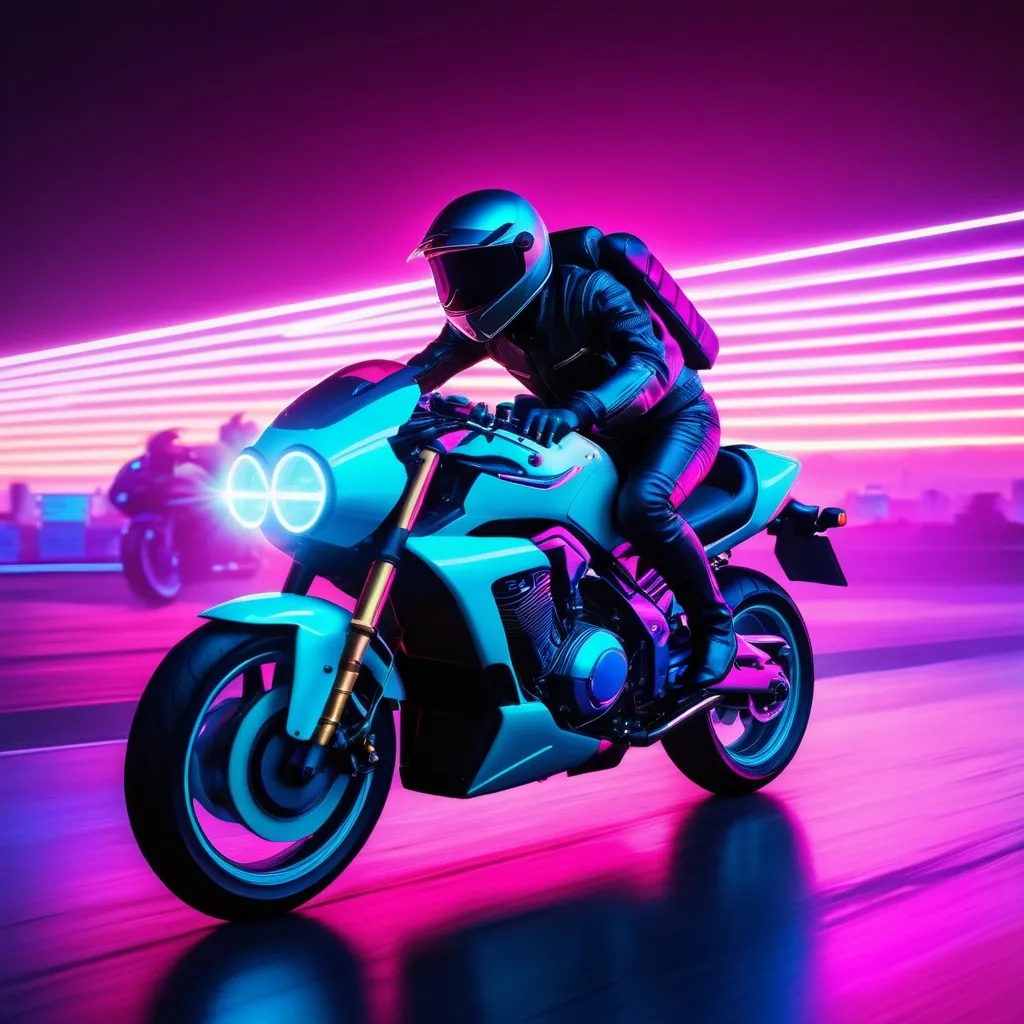 Prompt: An image of a fly riding a motorbike in a synthwave, with a wide-angle view, sundown neon lights