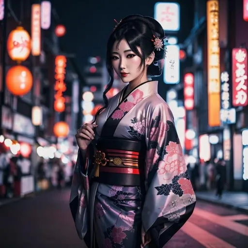 Prompt: woman in kimono standing on a city street at night, very beautiful cyberpunk samurai, classy yukata clothing, yukata clothing, geisha photo portrait, streaming on twitch, ayami koj ima, jet black haired cyberpunk girl, cyberpunk geisha, tokyo anime scene, sakimi chan, photo of breeze kaze, traditional geisha clothing, japanese city street fashion