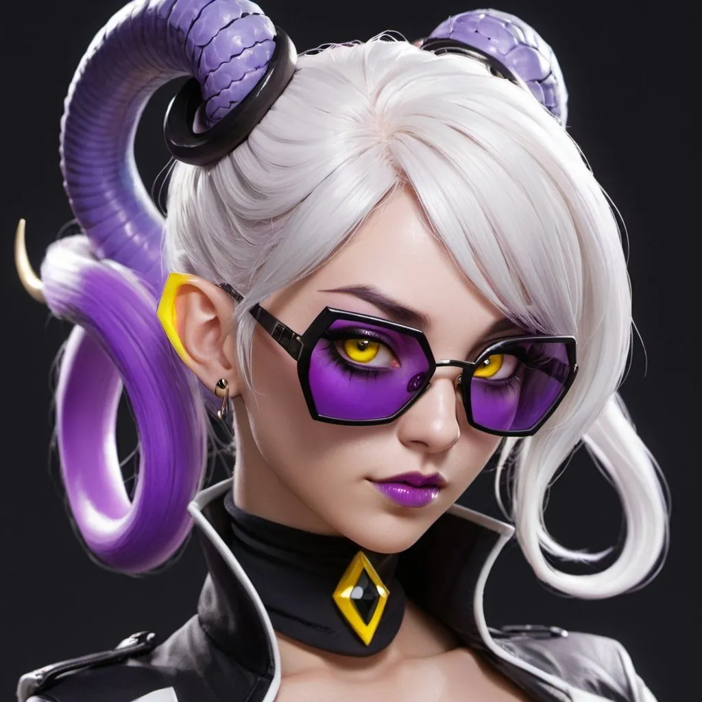 Prompt: (portrait, closeup, headshot) , Evelynn from League of Legends, 1girl, 3d render, makeup, hair buns, yellow eyes, glamour shades, black techwear, bedroom, white hair, choker, long hair, purple opalescent jacket, masterpiece, garter belts, white sclera, hoop earrings, snake eyes