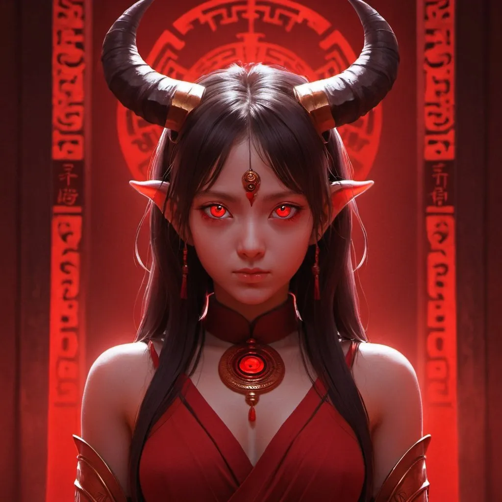 Prompt:  red eyes, red background, 1girl, dark, horns, temple cover by red beams of light