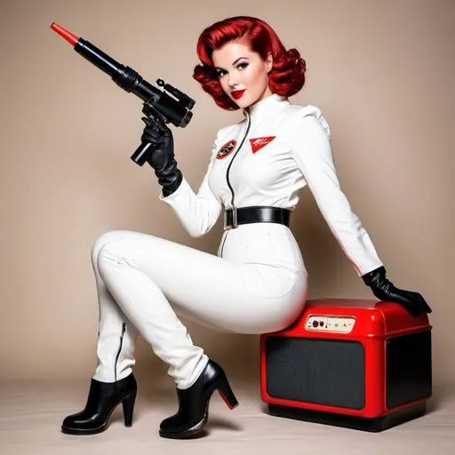 Prompt: 1girl, solo, vintage, retro pinup artstyle, retro, 1960s style, fallout, white space suit, black boots and gloves, holding retro red zapper

