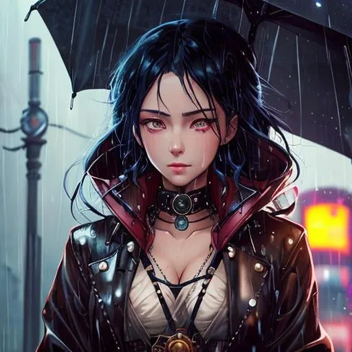 Prompt: Portrait, close up, masterpiece, steampunk woman walking down the street in the rain, artwork in the style of guweiz, style of alena aenami, rainy evening, anime style. 8k, urban girl fanart, anime style mixed with fujifilm, digital art ilya kuvshinov, tokyo anime scene, rainy night, ilya kuvshinov landscape, indoor vision, Nikon D85, Cinestill 800, f1. 6, Rich and vibrant colors and photographic film | depth of field | Realistic texture and impressive details | Dramatic lighting to highlight the scene. | Vibrant contrast to enhance the elements, Inspired by Zaha Hadid , renzo piano & PATRICK BLANC