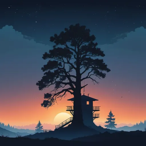 Prompt: Multiple layers of silhouette {large trees}, with silhouette of {a watchtower}, sharp edges, at nightfall, with heavy fog in air, vector style, horizon silhouette landscape wallpaper by Alena Aenami, firewatch game style, vector style background