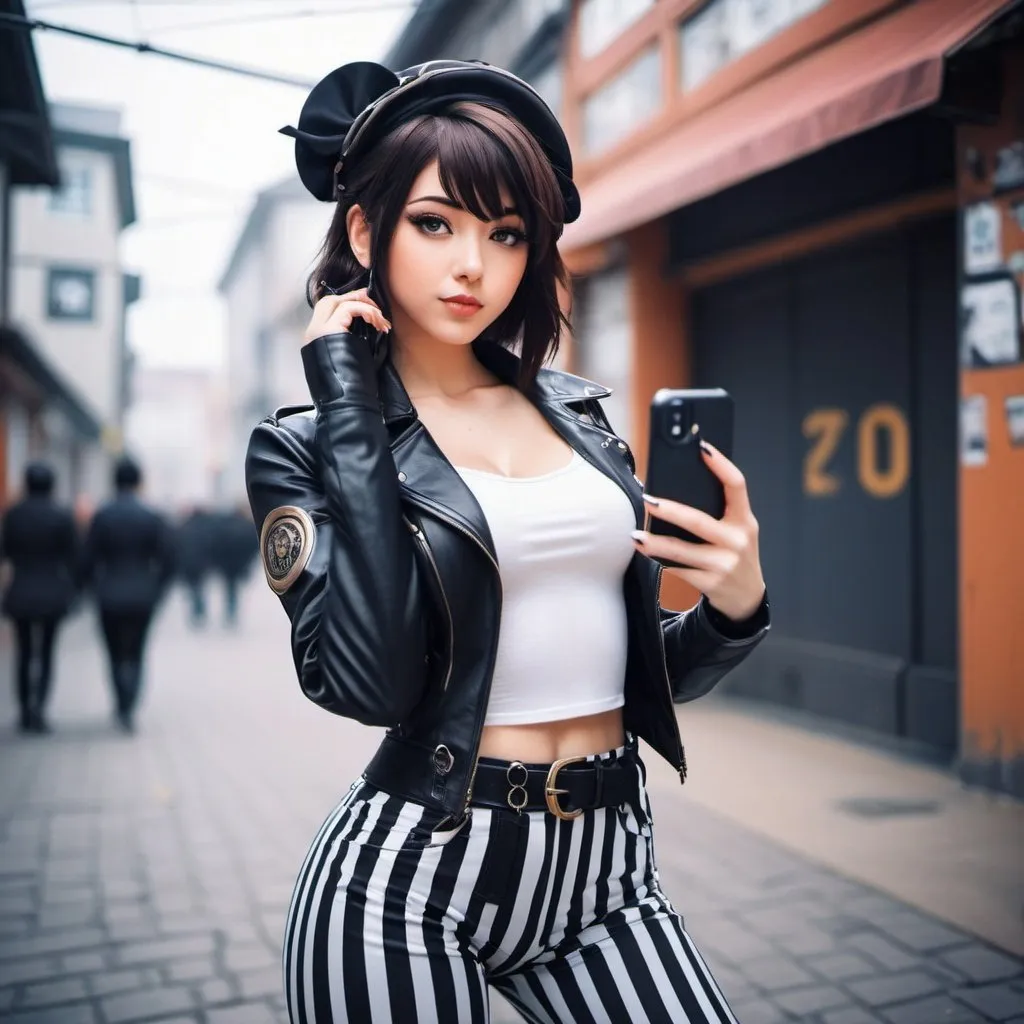 Prompt: anime girl with black and white striped pants taking a selfie, anime vibes, anime style. 8k, ilya kuvshinov. 4 k, the anime girl is crouching, ( ilya kuvshinov ), an anime girl, anime styled, ilya kuvshinov style, anime artstyle, very very low quality picture, anime style mixed with fujifilm, steampunk girl, dieselpunk setting, like lady mechanika