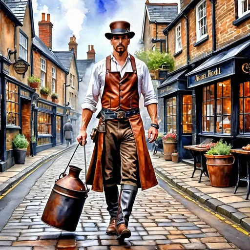 Prompt: A stunning watercolor impressionist painting of steampunk male blacksmith in a leather apron, walking cobble road around United Kingdom, holding pot of boiling steel, The painting is rendered in HDR, DTM, full HD, and 8K resolution, with ultra-detailed brushwork that captures every nuance and detail of the character's iconic suit and features.