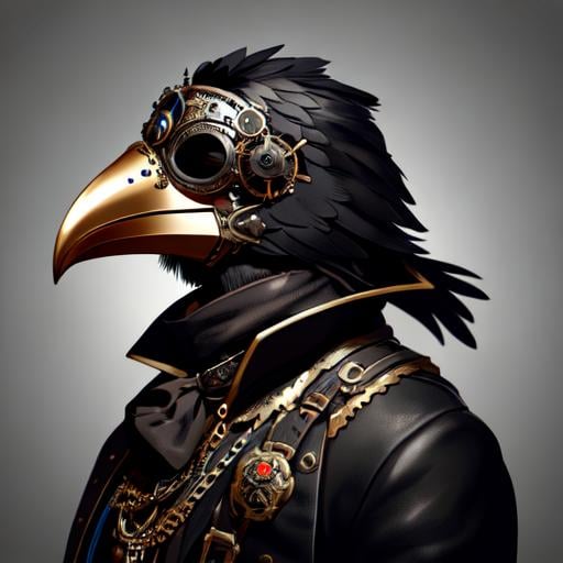 Prompt: steampunk metal anthropomorphic crow, black plague mask,  Artstation illustrators, intricate details, face, full body portrait, dim light, illustration, UHD, 4K