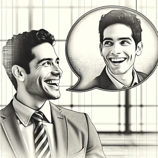 Prompt: Pencil style, black and white, realistic. A smiling Latino person working in an office, looking ant talking to a speech bubble Above the person. In the bubble  the same person's face inside, looking down and talking directly to the original person Please the persons as mentioned