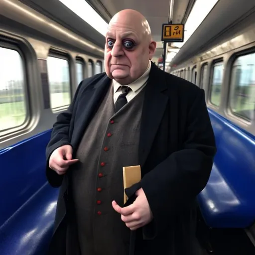 Prompt: Uncle fester on a commuter train dressed as a train conductor