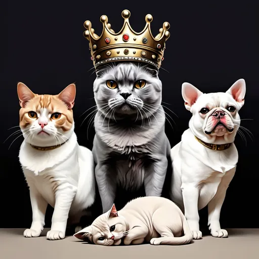 Prompt: Draw a cat on a thrown with a crown with dogs bowing down to them