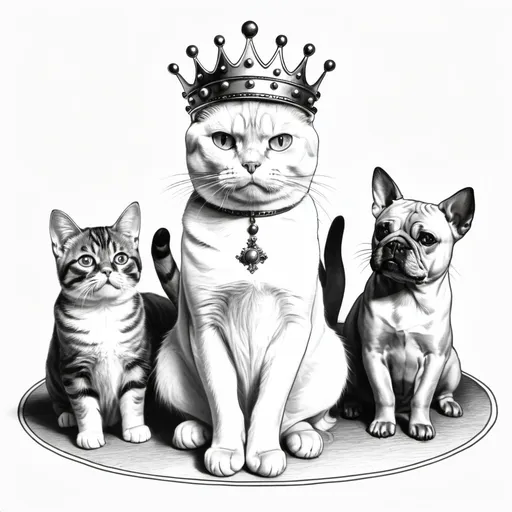 Prompt: Draw a cat on a thrown with a crown with dogs bowing down to them