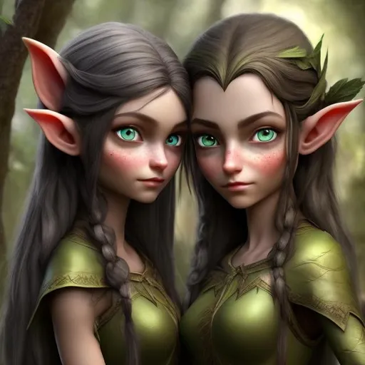 Prompt:  adult beautiful and detail face features, dark hair and green eyes  elves 1 or 2 male and female with olive dark skin using cloths that have a forest as background