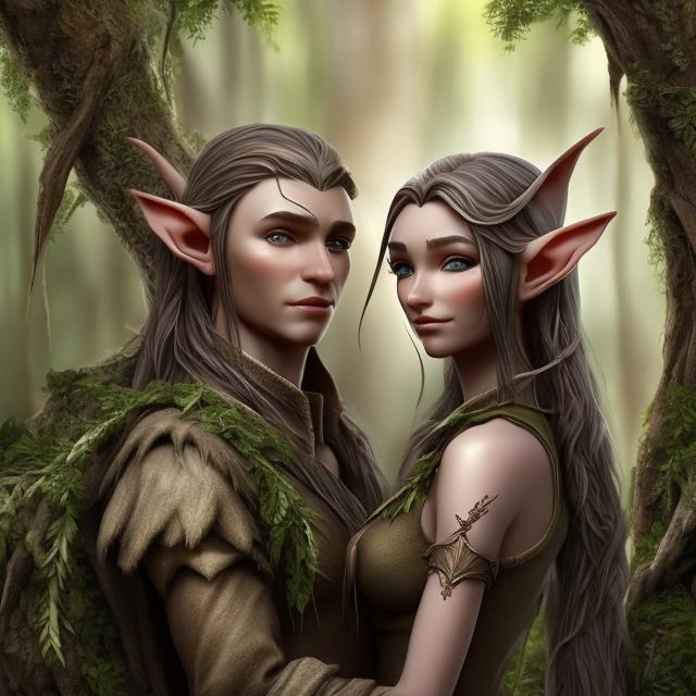 Prompt:  adult beautiful and detail face features  elves 1 or 2 male and female with olive dark skin using cloths that have a forest as background