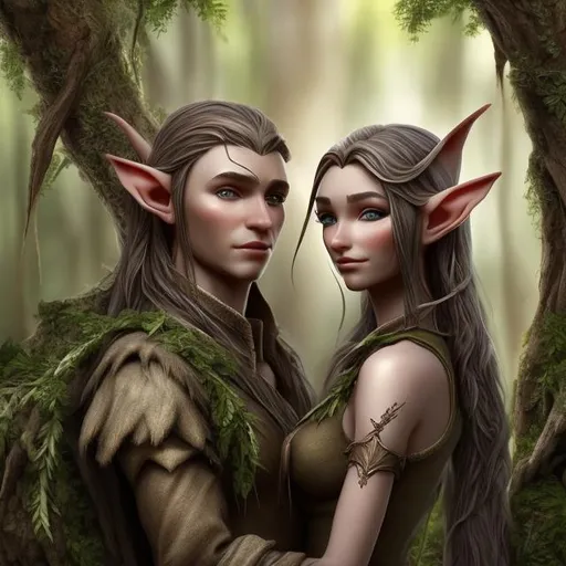 Prompt:  adult beautiful and detail face features  elves 1 or 2 male and female with olive dark skin using cloths that have a forest as background