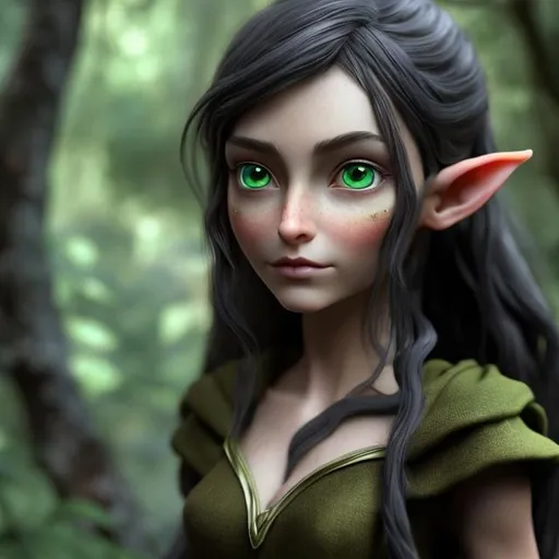 Prompt:  adult beautiful and detail face features, dark hair and green eyes  elves 1  male and 1 female with olive dark skin using cloths that have a forest as background