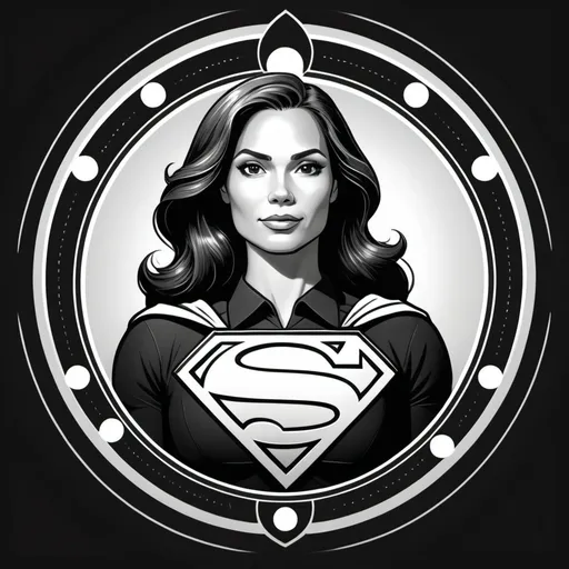 Prompt: superwoman in leadership crest black and white cartoonish with circles around her to represent different layers of leadership
 