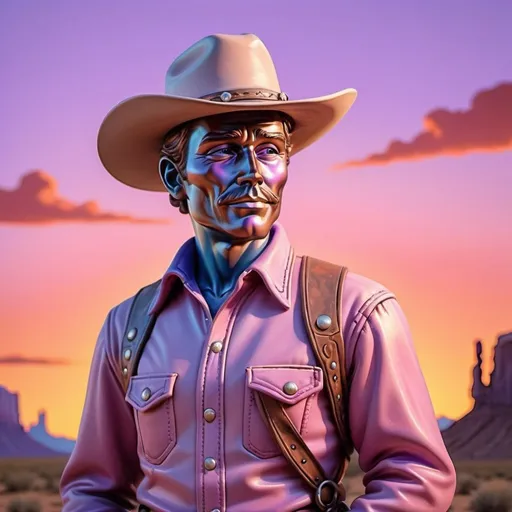 Prompt: a glass vintage cartoon western cowboy in clay art style pastels behind a pink and purple blue orange sunset