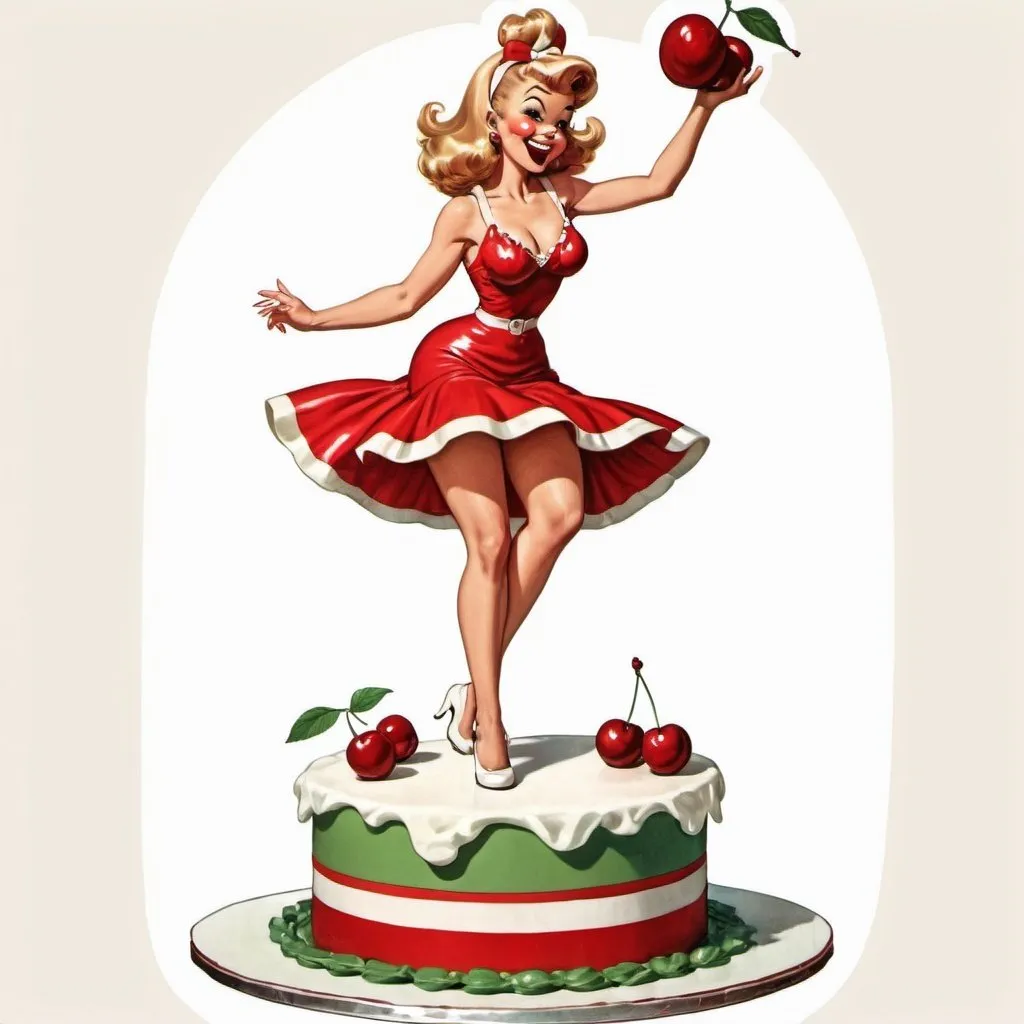 Prompt: a vintage cartoon 1970's pinup girl wearing a cherry dress that's red and white and green she is dancing on top of cake. 
