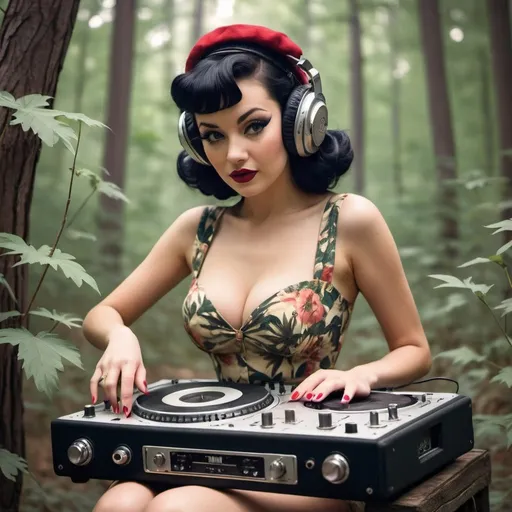 Prompt: create an opium vintage pinup girl DJ in the forest 