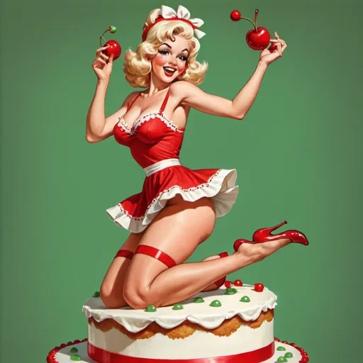 Prompt: a vintage cartoon 1970's pinup girl wearing a cherry dress that's red and white and green she is dancing on top of cake. 
