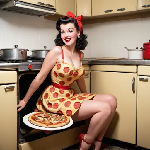 Prompt: a 1950's pinup girl wearing a pizza dress while sitting in the oven 
