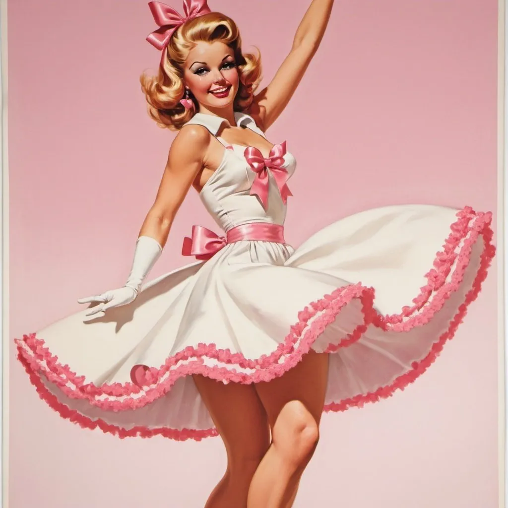 Prompt: a vintage 1970's poster pinup girl wearing a dress made out pink bows she is tall and is dancing on top of frosting.