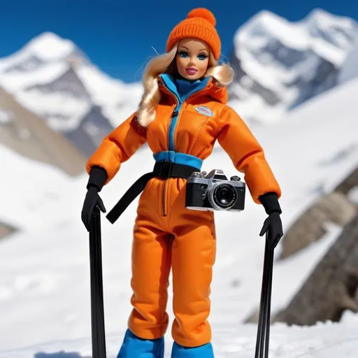 Prompt: a 1970's pinup girl  barbie dolls on Mount Everest skiing wearer  snowsuit that is orange, blue,and brown . emulate  a black magic pocket camera 4k in the perspective of a wide  dutch angle .
