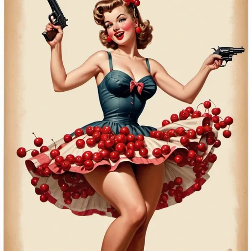 Prompt: a vintage poster 1950's pinup girl wearing a dress made out of  cherries and she is dancing on top of a pistol