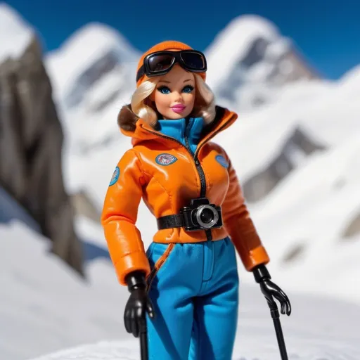 Prompt: a 1970's pinup girl  barbie dolls on Mount Everest skiing wearer  snowsuit that is orange, blue,and brown . emulate  a black magic pocket camera 4k in the perspective of a wide  dutch angle .
