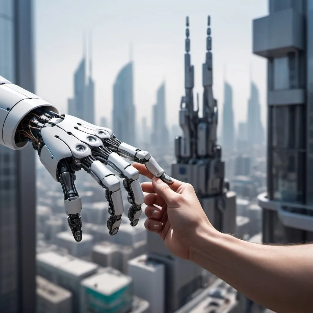 Prompt: A photo of a human hand and a robotic hand with the tips of their indexes just about to touch. The hands are of the same size and are situated in the middle region of an A4 size sheet. The background is of a futuristic cityscape with humans and robotic humanoids interacting.