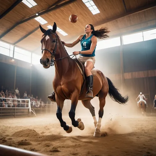 Prompt: Women playing equestrian basketball on an indoor dirt court, (dynamic action), one woman spectacularly dunking the ball from her horse, (energetic atmosphere), vibrant colors, detailed movement, intense focus on athletes, sunny outdoor lighting, (sports jersey and shorts outfits), dust and dirt kicked up, (high quality, ultra-detailed), dramatic framing capturing the excitement and uniqueness of the sport.