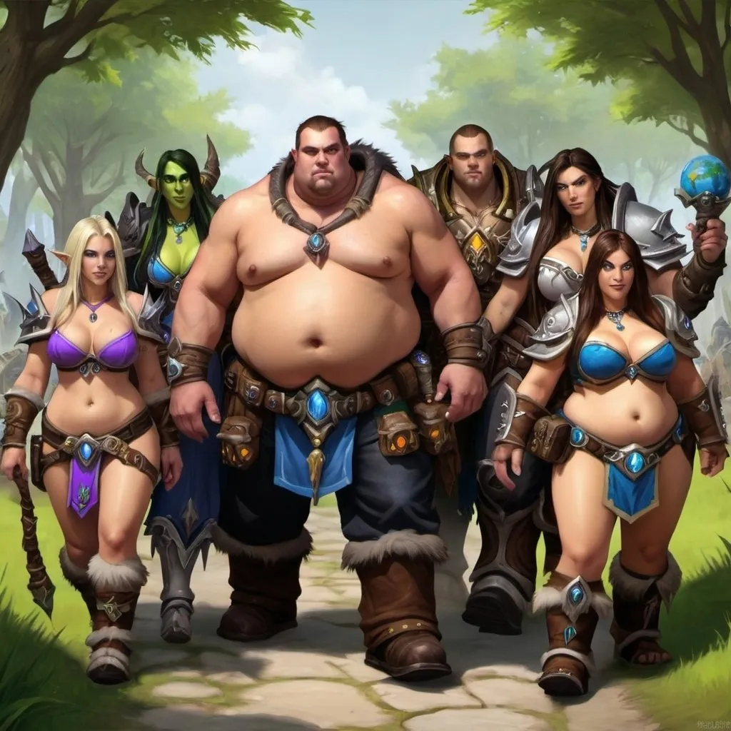 Prompt: Fat World of Warcraft walking party. Fantasy large group