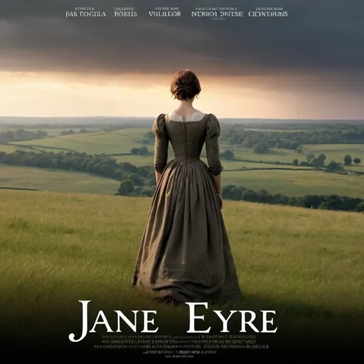 Prompt: i want a movie poster.
the movie poster contains one woman who is standing on the very wide fields and looking right side. and the text "Jane Eyre" is on the middle of the poster