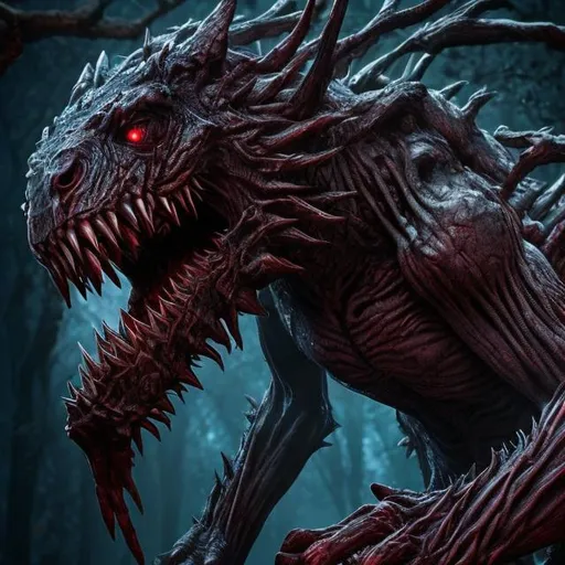 Prompt: a towering crature with sharp, jagged teeth glowing red eyes and long bony fingers that end in razor sharp vlaws with kin that is a shade of gray with sliming scales silently luriking in the sadhows of the woods