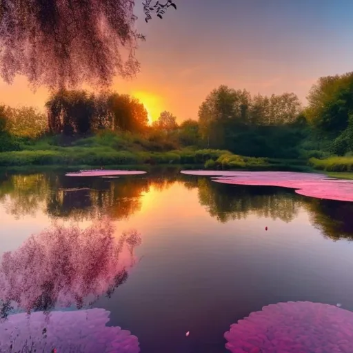 Prompt: A pond with a pinkish organ sunset with sparkling water and trees with fish jumping out of the water