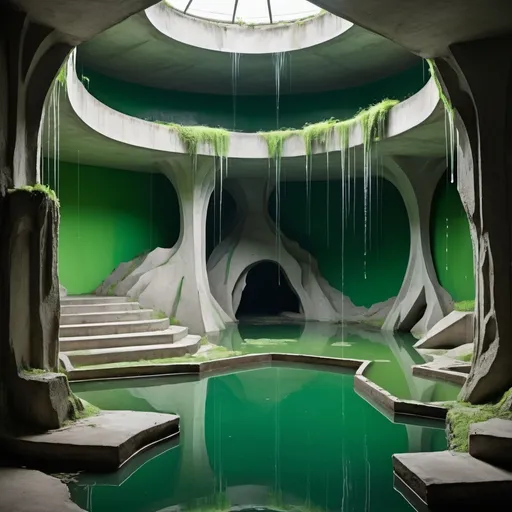 Prompt: A room consisting of many random levels, each made out of  concrete in different shapes, sizes and colors, with a pond of green water in the bottom, the walls are wet and dripping water like in a cave